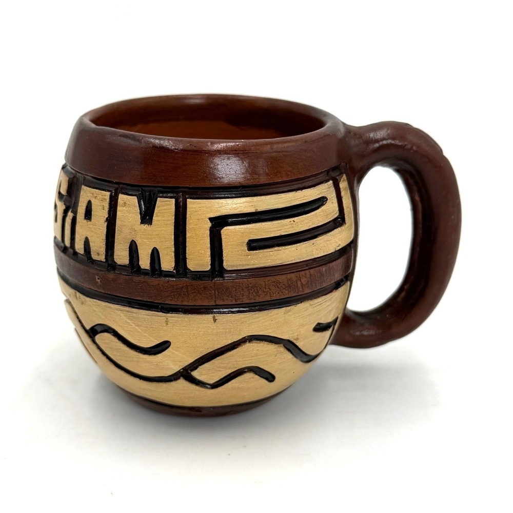 Manaus Brazil Souvenir Terracotta Clay Mug Hand Carved Tribal Geometric Brown